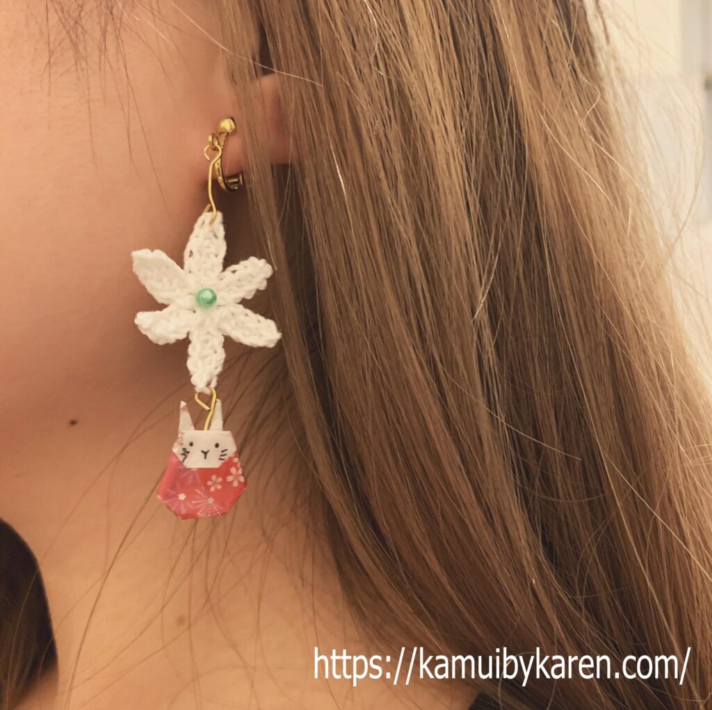 Crochet flower & origami rabbit earrings