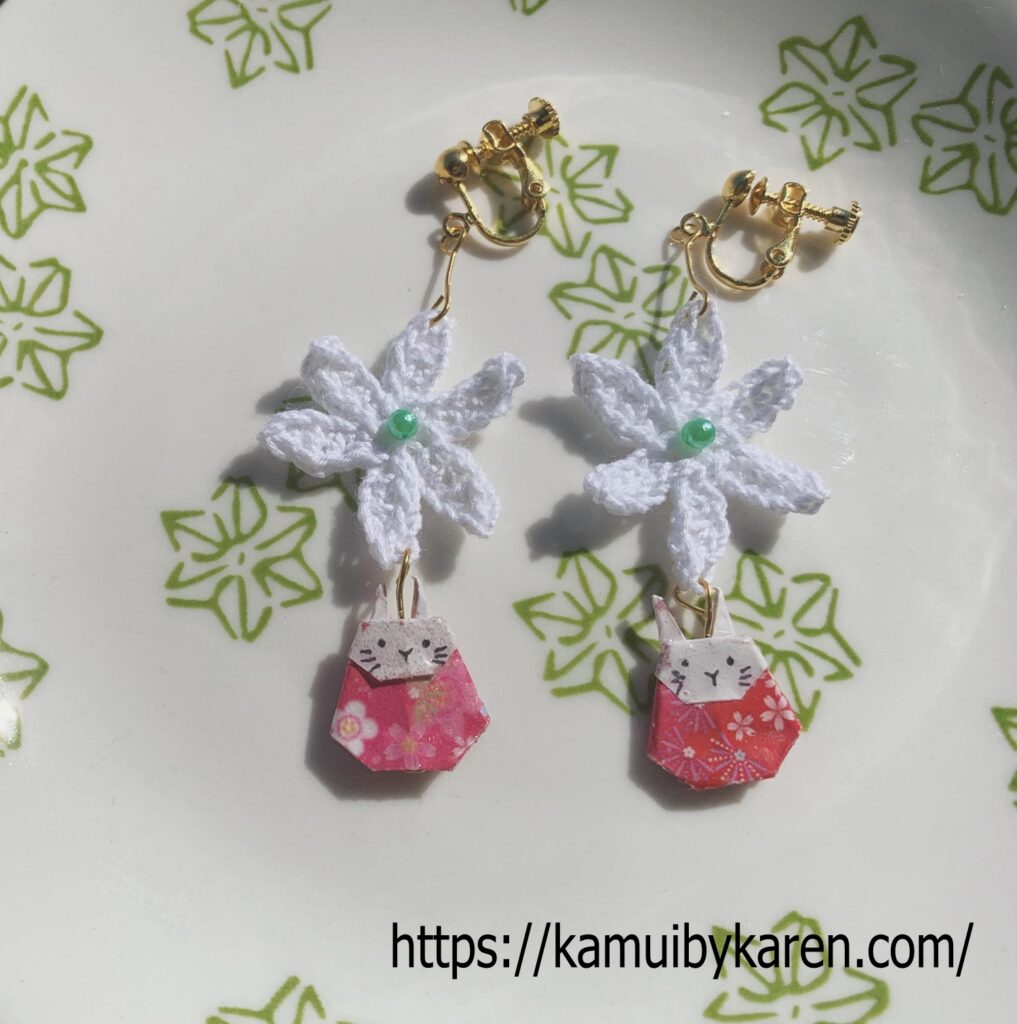 crochet flower and origami rabbit earrings